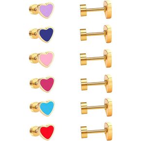 18G Colorful Heart Love Screw Flat Back Small Stud Earrings for Women Teen Girls Surgical Steel Pink Blue Red Purple Enamel Hearted Cartilage Tragus Piercing Little Studs Hypoallergenic Gift 6 Pairs Set