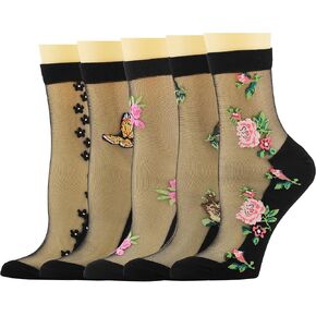 5Pairs Womens Ankle Sheer Socks Floral Cute Nylon Mesh Transparent Socks for Women Size 5-8