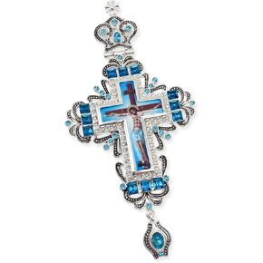 Pectoral Clergy Cross Jesus Christ Priest Bishop Crucifix Turqouise Crystallized Pendant with Pearls & Long Chain 23" - Gift Box