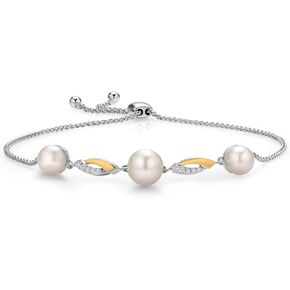 Gem Stone King 925 Sterling Silver and 10K Yellow Gold Cultured Freshwater Pearl and White Lab Grown Diamond Tennis Bracelet for Women (Round 6-7.5MM Pearls, Adjustable Up to 9.25 Inch)