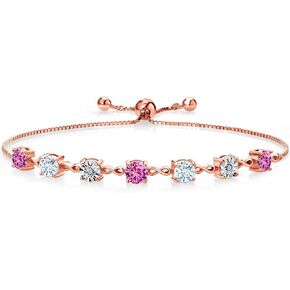 Gem Stone King 2.66 Ct Pink Created Sapphire Sky Blue Aquamarine 18K Rose Gold Plated Silver Lab Grown Diamond Tennis Bracelet For Women (Fully Adjustable Up to 9 Inch)
