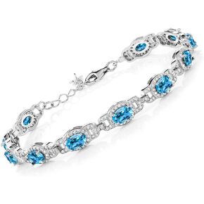 Gem Stone King 9.65 Cttw Oval Swiss Blue Topaz Tennis Bracelet For Women In 925 Sterling Silver | Gemstone Birthstone | 7 Inch With 1 Inch Extender
