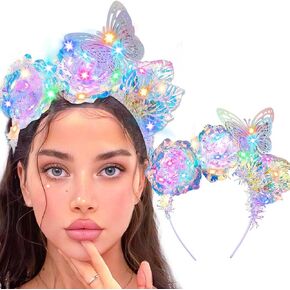 Aceorna Light Up Laser Flower Headbands LED Butterfly Hair Bands Glitter Rave Costume Hair Accessories for Women