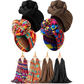 4 Pcs African Scarf for Women Head Wraps for Black Women Stretch Turbans Jersey Hijab Scarf Hair Wraps Lightweight Headbands Cover