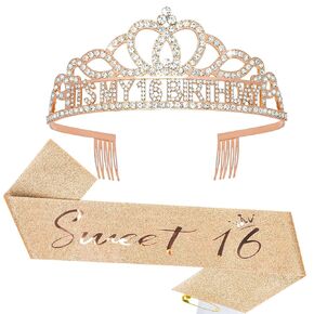 Rose Gold Sweet 16 Sash & It's My 16 Birthday Crown 16th Birthday Decorations for Girls Birthday Party Favors