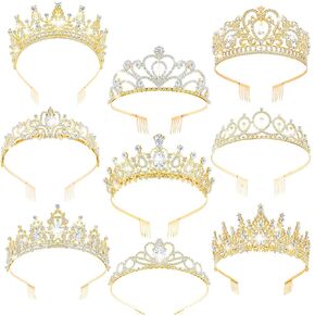 9 Pcs Tiaras and Crowns for Women Crystal Girls Princess Tiara Rhinestone Brides Crown Tiara Queen Crown with Combs for Wedding Birthday Quinceanera Pageant Prom Hair Accessories (Rose Gold)