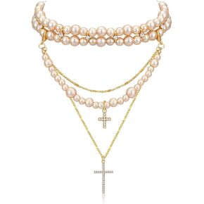 Layered Pearl Cross Necklace Statement Gothic Stacked Rhinestone Pearl Necklace for Wome in Saudi Arabia