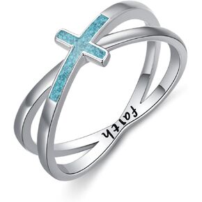 Turquoise/Opal/Abalone/Zircon Cross Faith Ring 925 Sterling Silver 7/8/9 Size