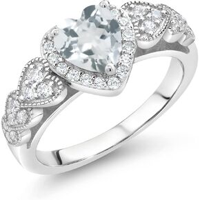Gem Stone King 925 Sterling Silver Ring Set with Heart Shape Aquamarine and White Moissanite | 0.91 Cttw | Heart Shape 6MM | Available In Size 5, 6, 7, 8, 9