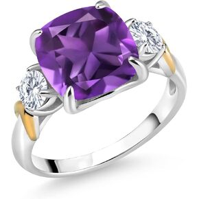 925 Silver and 10K Yellow Gold Amethyst and White Moissanite from Charles & Colvard 3 Stone Ring For Women (3.46 Cttw, Gemstone Birthstone, Cushion 10MM, Round 4MM)