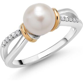 Gem Stone King 925 Sterling Silver and 10K Yellow Gold Cultured Freshwater Pearl and White Lab Grown Diamond Ring for Women (Round 7-7.5MM Pearl, Available in Size 5,6,7,8,9)
