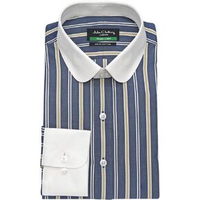 Mens Penny Collar Shirt Shelby Blue Stripe 1930s Vintage Wide Lines 100% Cotton Navy Edwardian Club Round Shelby Blinders