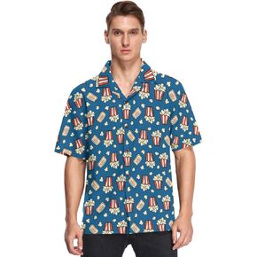vvfelixl Popcorn and Movie Ticket Striped Boxes Hawaiian Shirt for Men,Men's Casual Button Down Shirts Short Sleeve for Men S