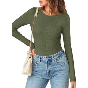 MEROKEETY Women's Long Sleeve Ribbed Bodysuits Crew Neck Slim Body Suits 2024 Knit Sweater Tops