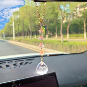 Sun Catcher Car Accessories Hanging Glass Lily of The Valley Rear View Mirror Accessories Cute Car Mirror Decor for Women Flower Charm Crystal Car Ornament (Pink)