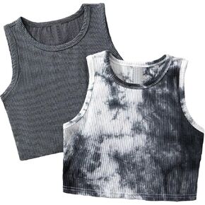 Milumia Girl's 2 Piece Tie Dye Ribbed Knit Round Neck Tank Top Sleeveless Summer Crop Tops