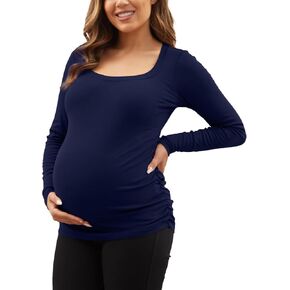 GINKANA Women's Maternity Shirts Long Sleeve Classic Side Ruched Tee Top Ribbed Knit Pregnancy Tees