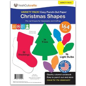 164 Pieces Christmas Trees, Stockings, Light Bulb Punch Out Paper Cutouts in Holiday Colors, 2-Sided US Made Card Stock for Crafts, Bulletin Boards, Classroom, Posters, and Christmas Party Decorations
