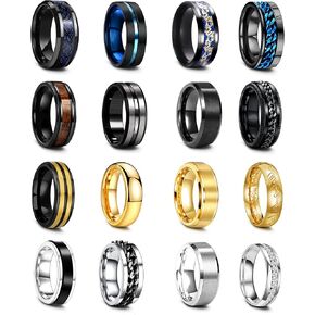 EIELO 16Pcs Stainless Steel Band Rings for Men Cool Black Gold Silver Plated Rings Comfort Fit Fidget Spinning Chain Ring Fashion Simple Mens Wedding Engagement Ring Set