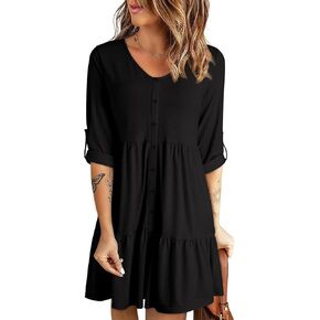Dokotoo Dresses for Women 2024 Long Sleeve V Neck Knitted Button Down Elastic Waist Ruffle Tiered Mini Dress with Pockets