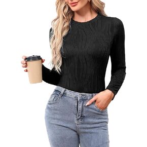 DittyandVibe Womens Long Sleeve Textured Tops Crewneck Trendy Shirt Casual Basic Tshirts Tee Blouses