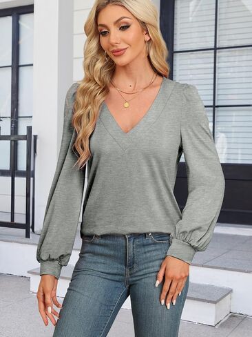 Womens V Neck Long Sleeve Shirts Casual Puff Sleeve Tops Fall Trendy Outfits Cute Sort Loose Tee 2024 Winter Blouses in Saudi Arabia