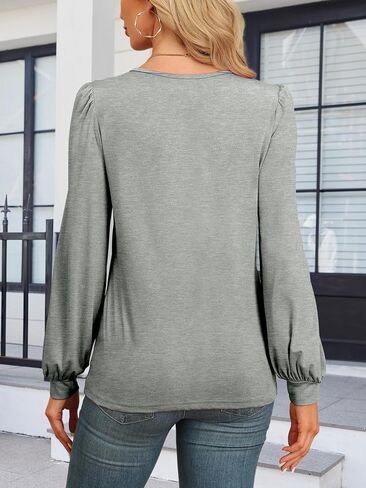 Womens V Neck Long Sleeve Shirts Casual Puff Sleeve Tops Fall Trendy Outfits Cute Sort Loose Tee 2024 Winter Blouses in Saudi Arabia