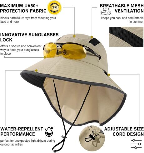 M/L/XL/XXL Unisex Mens Sun Hat with Neck Flap Sunglass Lock UPF 50 Wide Brim Fishing Hats Waterproof & Packable in Kuwait