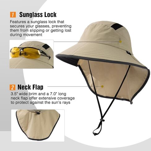 M/L/XL/XXL Unisex Mens Sun Hat with Neck Flap Sunglass Lock UPF 50 Wide Brim Fishing Hats Waterproof & Packable in Kuwait
