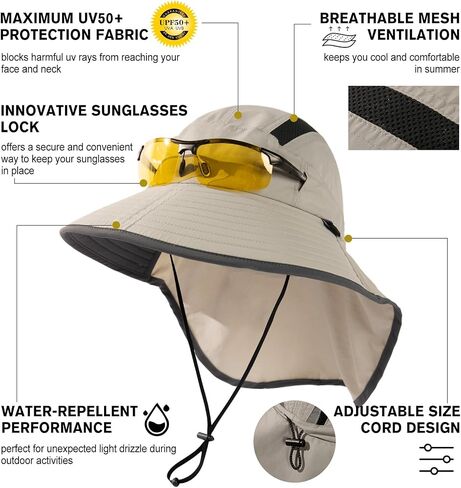 M/L/XL/XXL Unisex Mens Sun Hat with Neck Flap Sunglass Lock UPF 50 Wide Brim Fishing Hats Waterproof & Packable in Kuwait