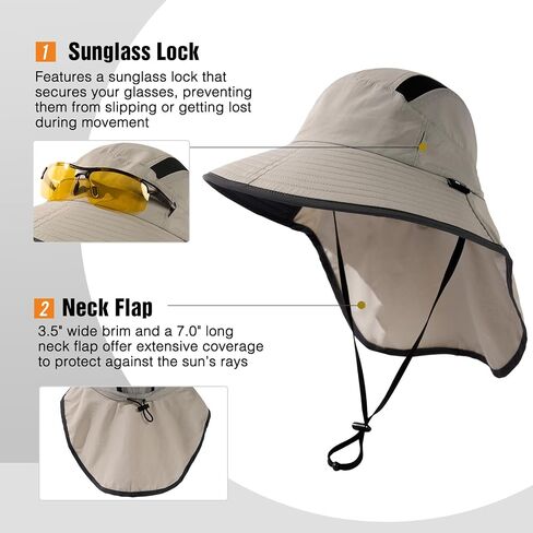 M/L/XL/XXL Unisex Mens Sun Hat with Neck Flap Sunglass Lock UPF 50 Wide Brim Fishing Hats Waterproof & Packable in Kuwait
