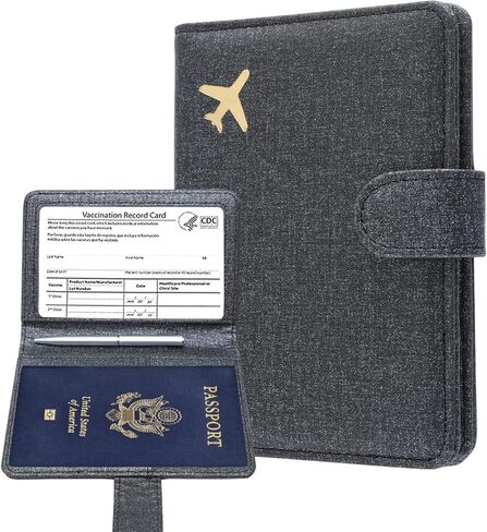 مجموعة حامل بطاقات التطعيم وجواز السفر من إم سي موليس، غطاء جلدي مانع لموجات الراديو (RFID) وحافظة تنظيم وثائق السفر مع فتحة لبطاقة التطعيم CDC وإبزيم مغناطيسي من القماش باللون البني الداكن in Kuwait