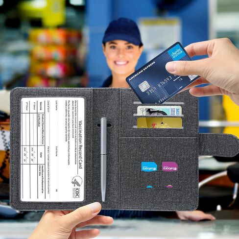 مجموعة حامل بطاقات التطعيم وجواز السفر من إم سي موليس، غطاء جلدي مانع لموجات الراديو (RFID) وحافظة تنظيم وثائق السفر مع فتحة لبطاقة التطعيم CDC وإبزيم مغناطيسي من القماش باللون البني الداكن in Kuwait