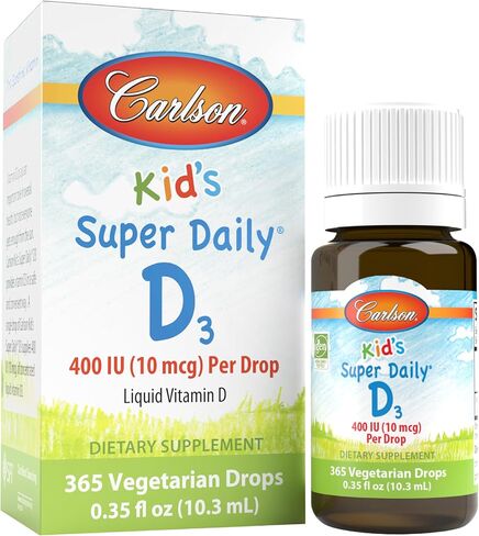 Carlson - Kid's Super Daily D3، قطرات فيتامين د للأطفال، 400 وحدة دولية (10 ميكروغرام) لكل قطرة، صحة القلب والمناعة، نباتي، قطرات فيتامين د السائل، بدون نكهة، 365 قطرة in Saudi Arabia