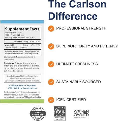 Carlson - Kid's Super Daily D3، قطرات فيتامين د للأطفال، 400 وحدة دولية (10 ميكروغرام) لكل قطرة، صحة القلب والمناعة، نباتي، قطرات فيتامين د السائل، بدون نكهة، 365 قطرة in Saudi Arabia