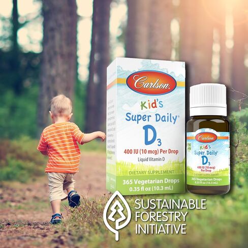 Carlson - Kid's Super Daily D3، قطرات فيتامين د للأطفال، 400 وحدة دولية (10 ميكروغرام) لكل قطرة، صحة القلب والمناعة، نباتي، قطرات فيتامين د السائل، بدون نكهة، 365 قطرة in Saudi Arabia