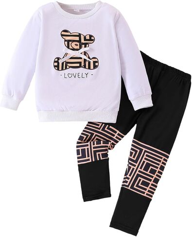 Kid Young Girl Clothes Outfit Bear Print Sweatshirt Colour Patchwork Pants 2PC Fall Winter Clothing Set in Kuwait