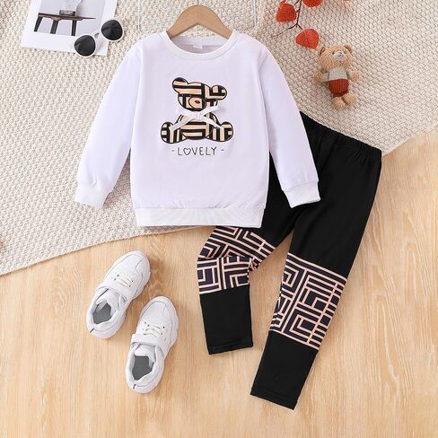 Kid Young Girl Clothes Outfit Bear Print Sweatshirt Colour Patchwork Pants 2PC Fall Winter Clothing Set in Kuwait