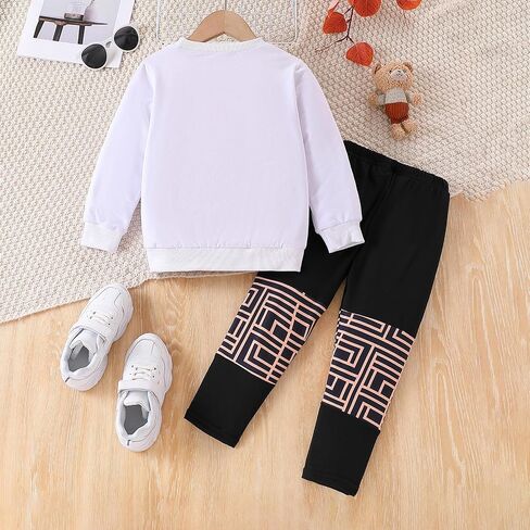 Kid Young Girl Clothes Outfit Bear Print Sweatshirt Colour Patchwork Pants 2PC Fall Winter Clothing Set in Kuwait
