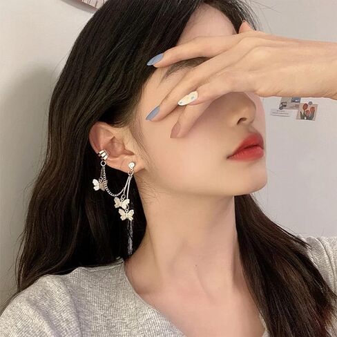 Cuff Chain Earrings for Women,Cuffs Long Chain Tassel Earrings Butterfly, Ear Cuff Draping Chain Stud Earrings for Girls Gifts in Kuwait