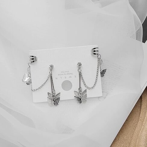 Cuff Chain Earrings for Women,Cuffs Long Chain Tassel Earrings Butterfly, Ear Cuff Draping Chain Stud Earrings for Girls Gifts in Kuwait