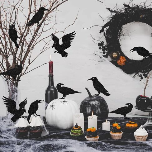 Black Crows Halloween Decorations, 32 PCS Glitter Raven Cutouts Decor Vintage Banner for Gothic Wedding Birthday Horror Party in Saudi Arabia