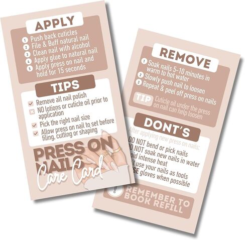 Modern professional Press on Nail aftercare cards | Pack of 55 | Business card size | How to apply and remove | DIY Press On Nail Care Card - Tips for Pressing on Nails, Nail Art (Pink) in Kuwait