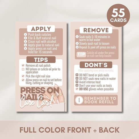 Modern professional Press on Nail aftercare cards | Pack of 55 | Business card size | How to apply and remove | DIY Press On Nail Care Card - Tips for Pressing on Nails, Nail Art (Pink) in Kuwait