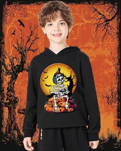 CM-Kid Boys Girls Halloween Hooded Shirt Glow in Dark Pumpkin Pullover Hoodies Outfit Toddler Skeleton Tops 3-9 Years in Kuwait
