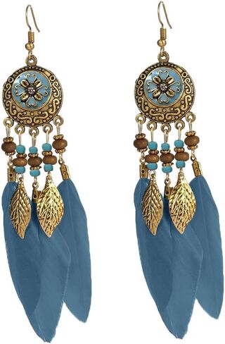 Boho Feather Leaf Dangle Earrings for Women Girls Gold Plated Long Ball Bead Leaf Fringe CZ Enamel Dreamcatcher Statement Charms Drop Dangling Fish Hook Stud Lightweight Antique Bohemian Festival Party Jewelry Gifts in Saudi Arabia
