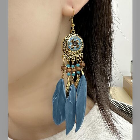 Boho Feather Leaf Dangle Earrings for Women Girls Gold Plated Long Ball Bead Leaf Fringe CZ Enamel Dreamcatcher Statement Charms Drop Dangling Fish Hook Stud Lightweight Antique Bohemian Festival Party Jewelry Gifts in Saudi Arabia