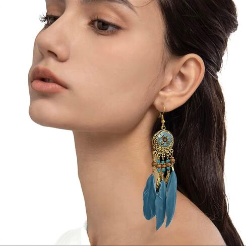 Boho Feather Leaf Dangle Earrings for Women Girls Gold Plated Long Ball Bead Leaf Fringe CZ Enamel Dreamcatcher Statement Charms Drop Dangling Fish Hook Stud Lightweight Antique Bohemian Festival Party Jewelry Gifts in Saudi Arabia