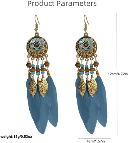 Boho Feather Leaf Dangle Earrings for Women Girls Gold Plated Long Ball Bead Leaf Fringe CZ Enamel Dreamcatcher Statement Charms Drop Dangling Fish Hook Stud Lightweight Antique Bohemian Festival Party Jewelry Gifts in Saudi Arabia