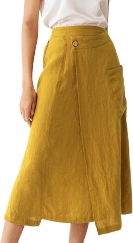 IDEALSANXUN Linen Skirts for Women 2024 Summer Casual Cotton A Line Elastic High Waisted Midi Skirts with Pockets in Saudi Arabia
